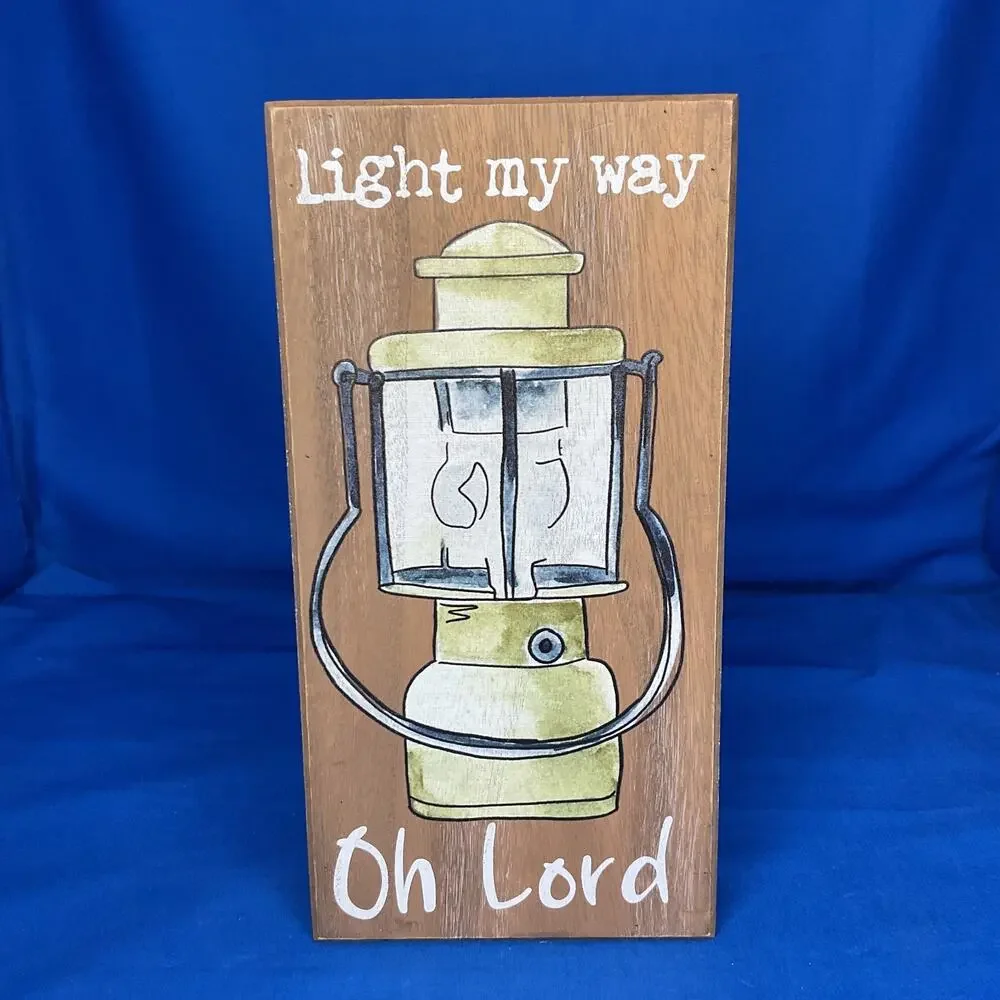 Light My Way Oh Lord Wooden Block Sign Vintage Lantern Rustic Cabin Camping
